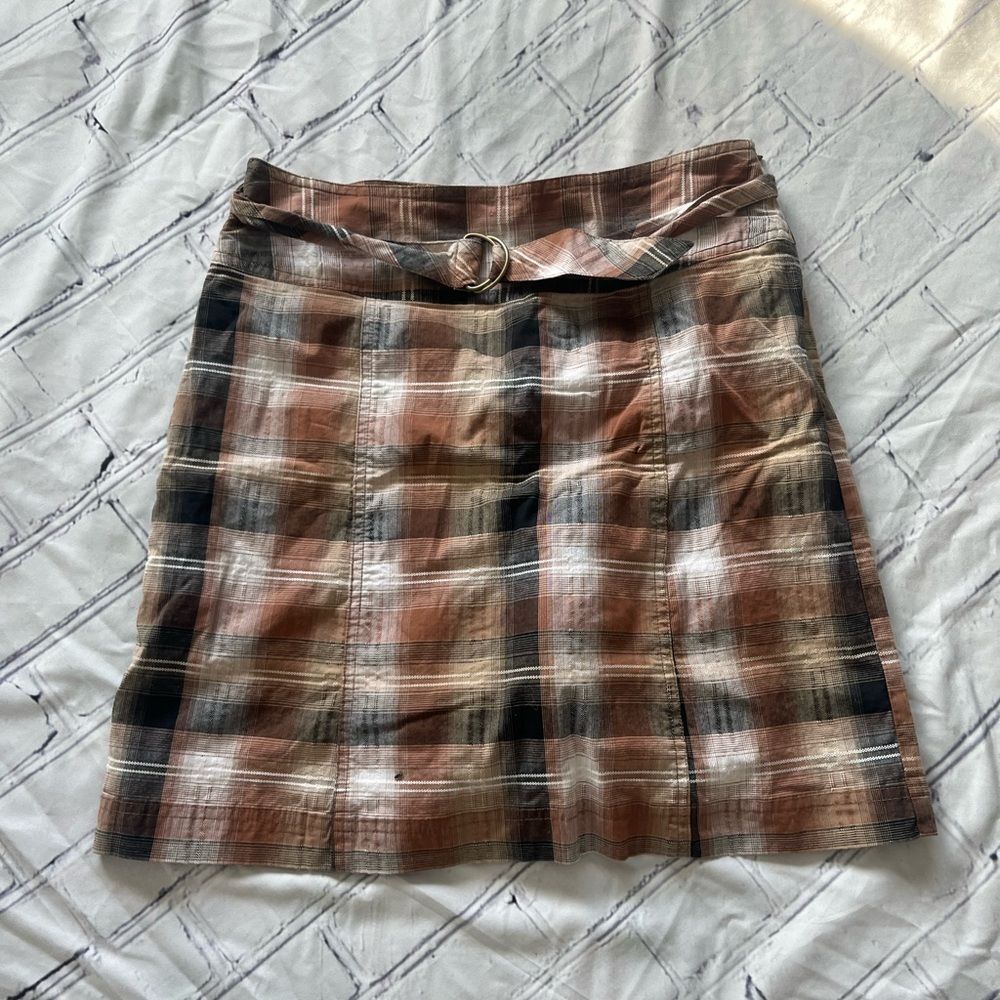 White Stag Brown Plaid A-Line Mini Skirt Women’s 6 Belted Zip Back Cottagecore